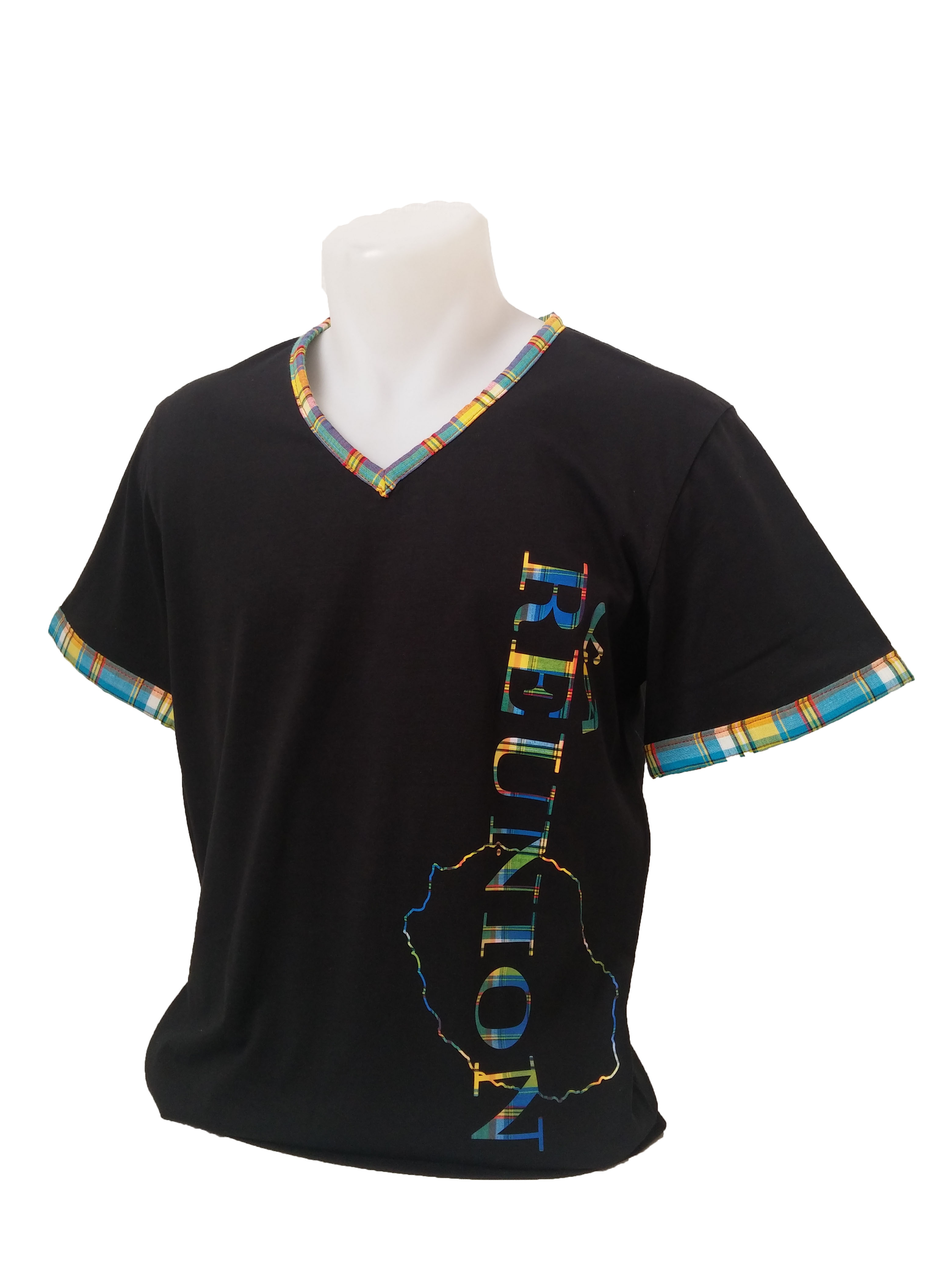 Tee_shirt_noir_encolure_et_manches_madras_logo_reunion_flex_madras_cb_developpement.com
